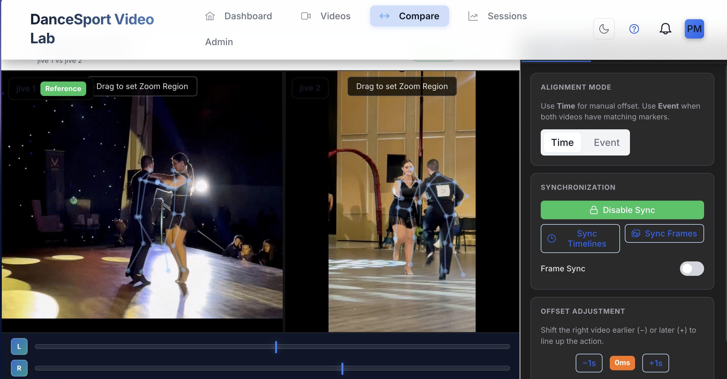 Side-by-side dance performance comparison with pose tracking