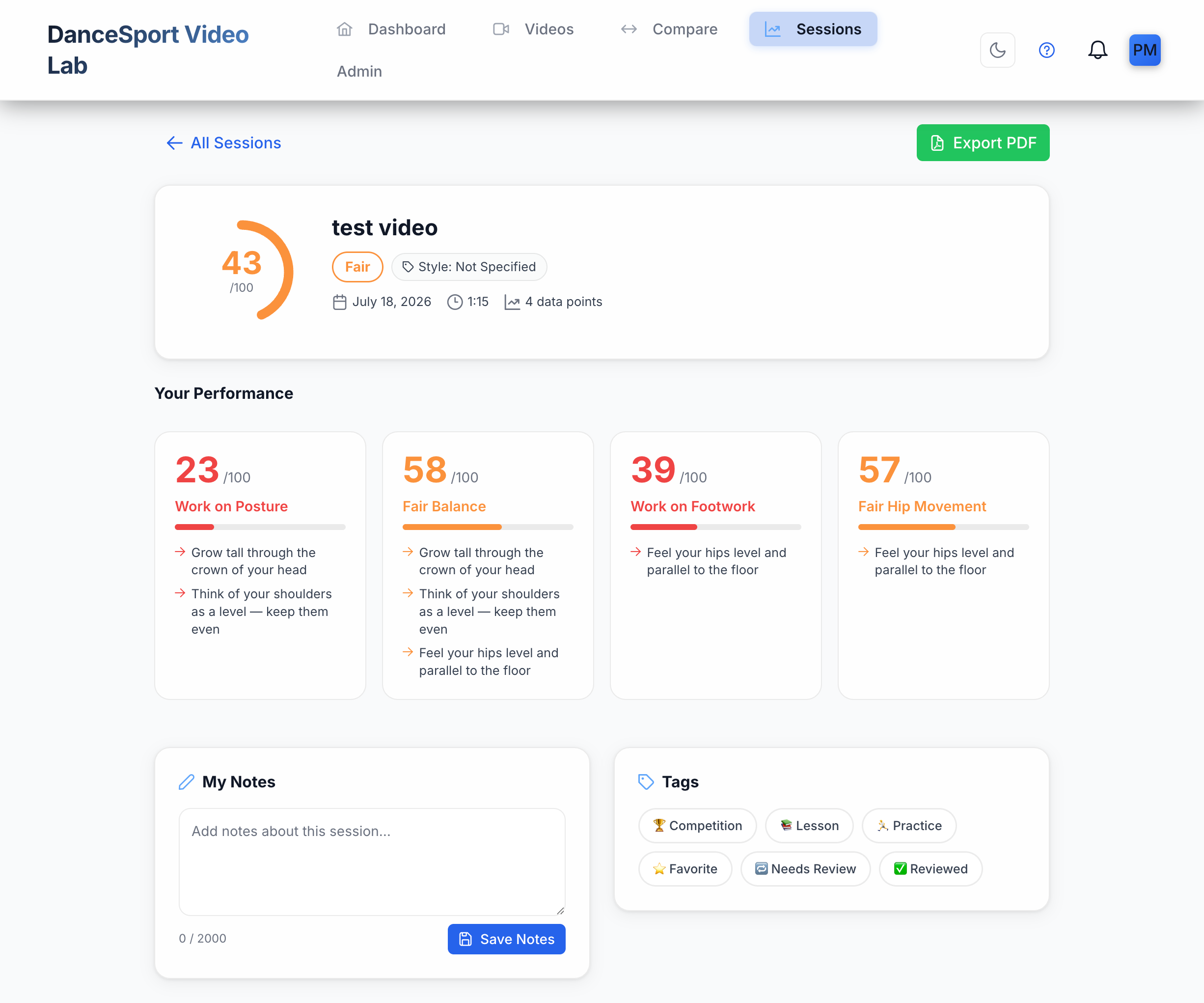 Session performance summary with PDF export and detailed metrics